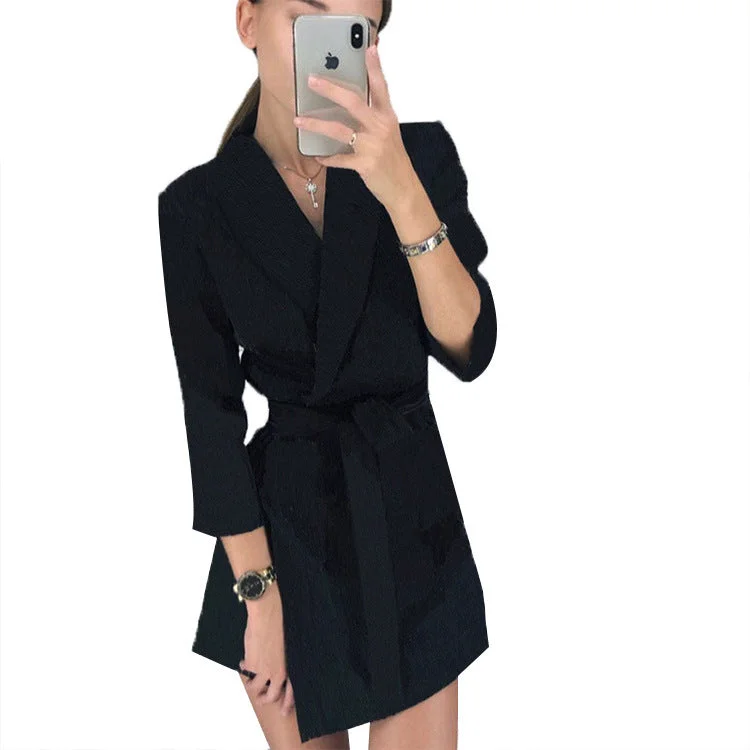 European And American Long Sleeve Solid Color Suit Collar Fashion Belt Short Dress