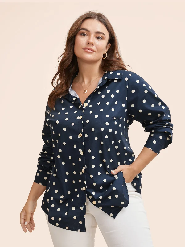 Cotton Polka Dot Shirt Collar Arc Hem Blouse