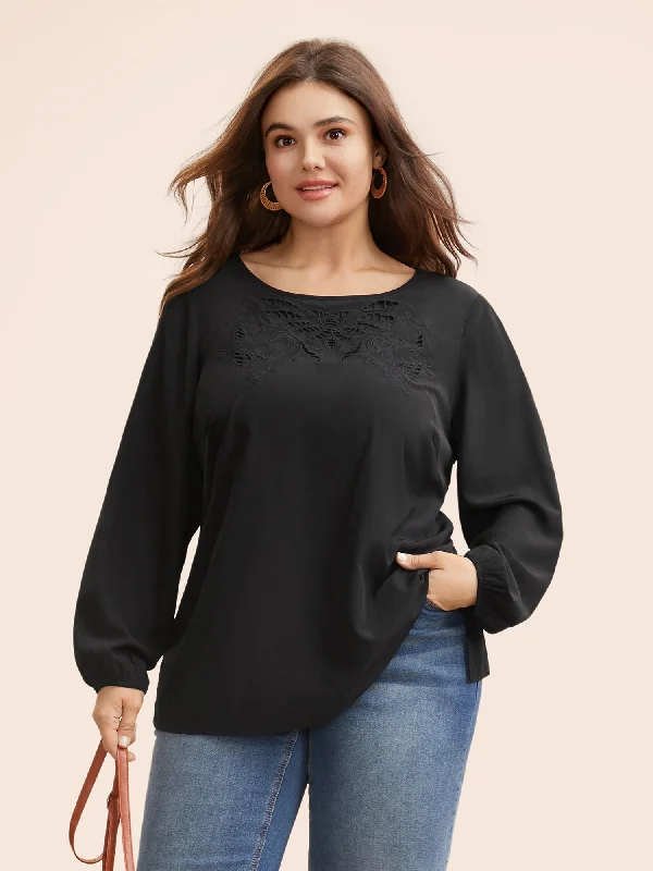 Round Neck Cut Out Lantern Sleeve Blouse