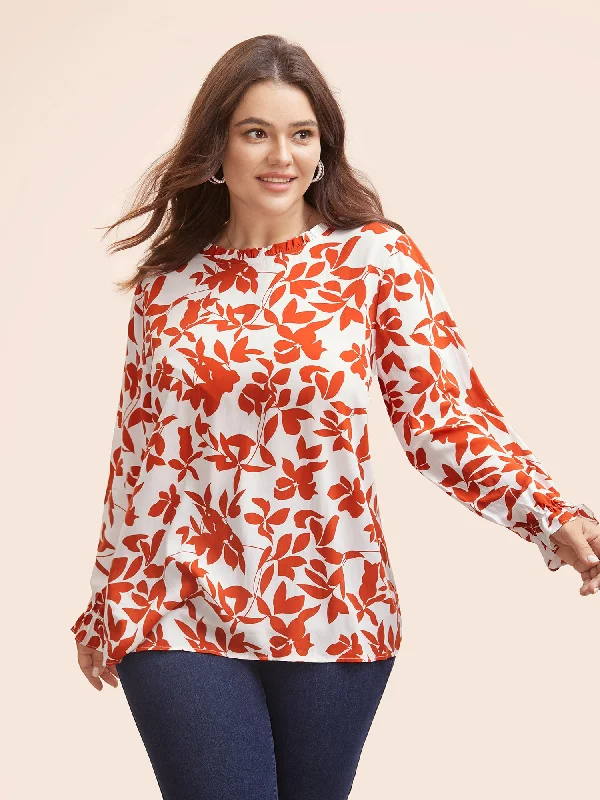 Silhouette Floral Print Stand Collar Blouse