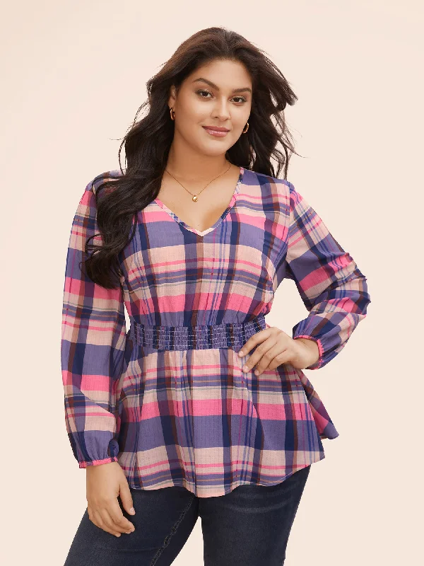 V Neck Plaid Shirred Shirred Blouse